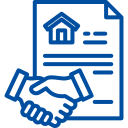 Icon eines Vertragsdokuments mit Hausgrafik und Handschlag Symbol für Immobilienmaklerdienstleistung