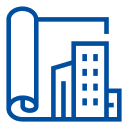 Flexmakler Logo mit stilisiertem blauem Bauplan und Hochhausumriss