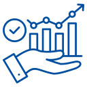 Flexmakler-Logo stilisierte Hand hält aufsteigende Balkendiagramme mit Aufwärtspfeil und Häkchen-Symbol