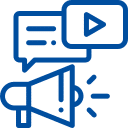 Blaues Icon mit Megafon, Sprechblase und Play-Symbol