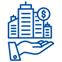 Flexmakler Logo stilisierte Hochhaus-Skyline auf geöffneter Hand