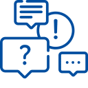 Support-Icon mit vier blauen Sprechblasen und Fragezeichen symbolisch für Kundenanfragen
