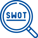 blaues Logo in Form einer Lupe mit dem Schriftzug SWOT
