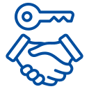 Blaues Icon mit Handschlag und Schlüssel symbolisiert Immobilienübergabe