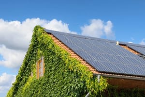 Mit Solarzellen bedecktes Dach eines efeuumrankten Hauses unter blauem Himmel, nachhaltige Energiegewinnung.